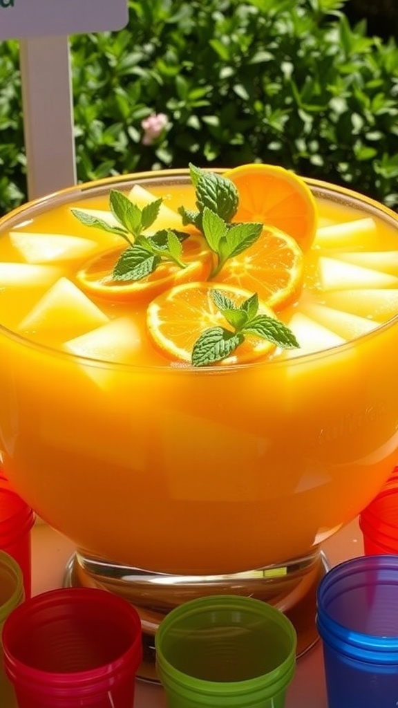 Rapunzel’s Enchanted Golden Pineapple Punch Bright bowl of golden pineapple punch with garnishes, set in a sunny outdoor scene.